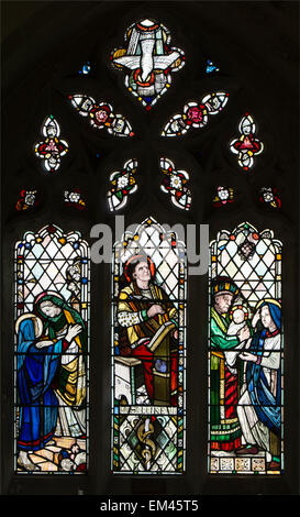 Saint Luke stained glass, St. Peter`s Church, Clearwell, Gloucestershire, England, UK Stock Photo